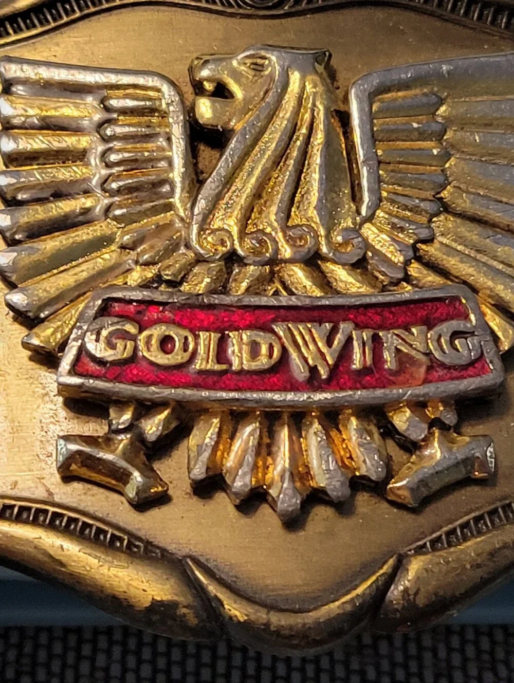 Vintage GoldWing Eagle Emblem Belt Buckle - Gold with Red Accent